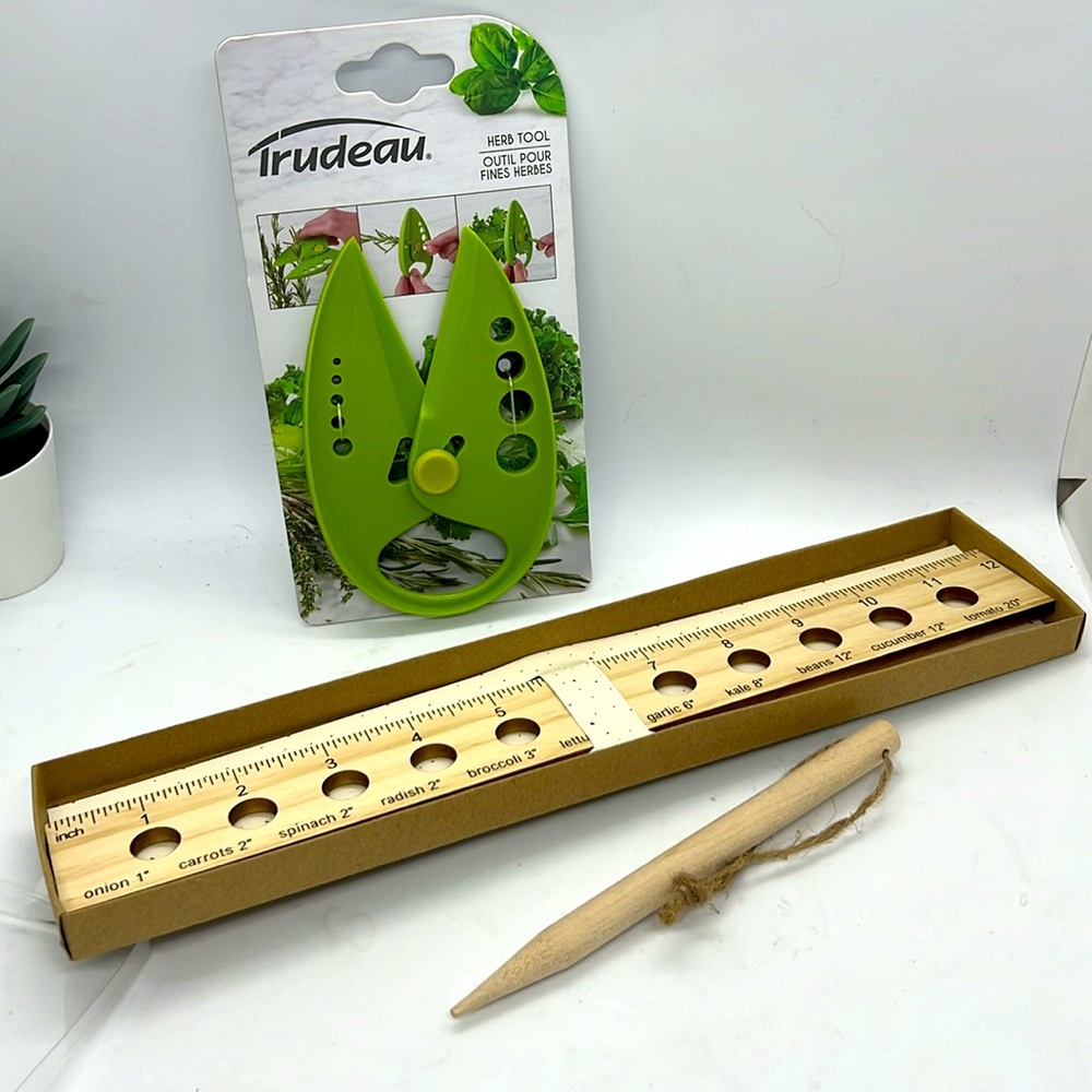 Garden Seed Spacing Ruler + Dibber Tool Planting Stick + Herb Stripping Tool NWT